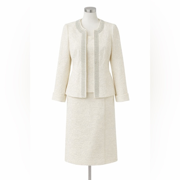 Kasper 3PC Ivory Jacquard Skirt Suit Beaded Jacket Shell Women Sz 8 - Picture 2 of 8
